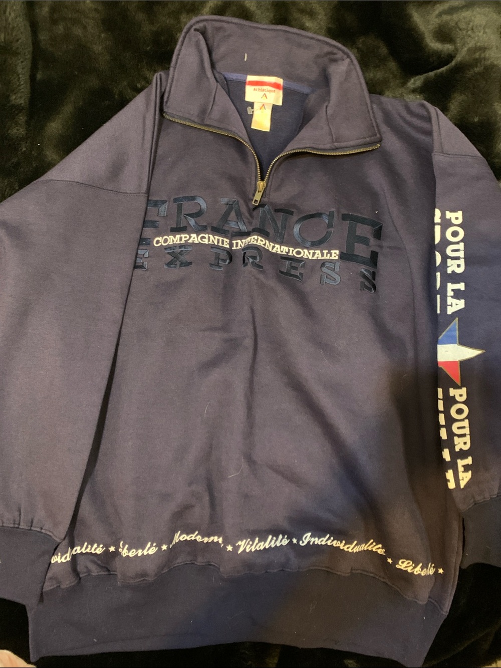 Express Vintage Navy Quarter-Zip Pullover Sweater - France Express Graphic